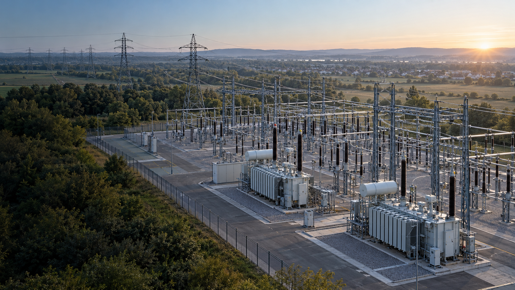 Illustrative electricity substation and transmission network in a green landscape